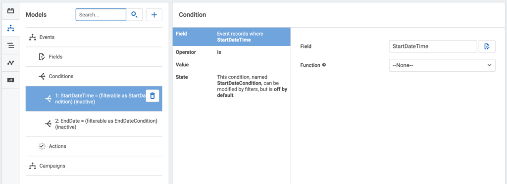 A screenshot demonstrating setting up the dashboard models and conditions