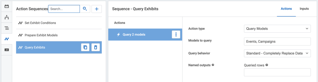 A screenshot showing setting up an action sequence for Query Exhibits