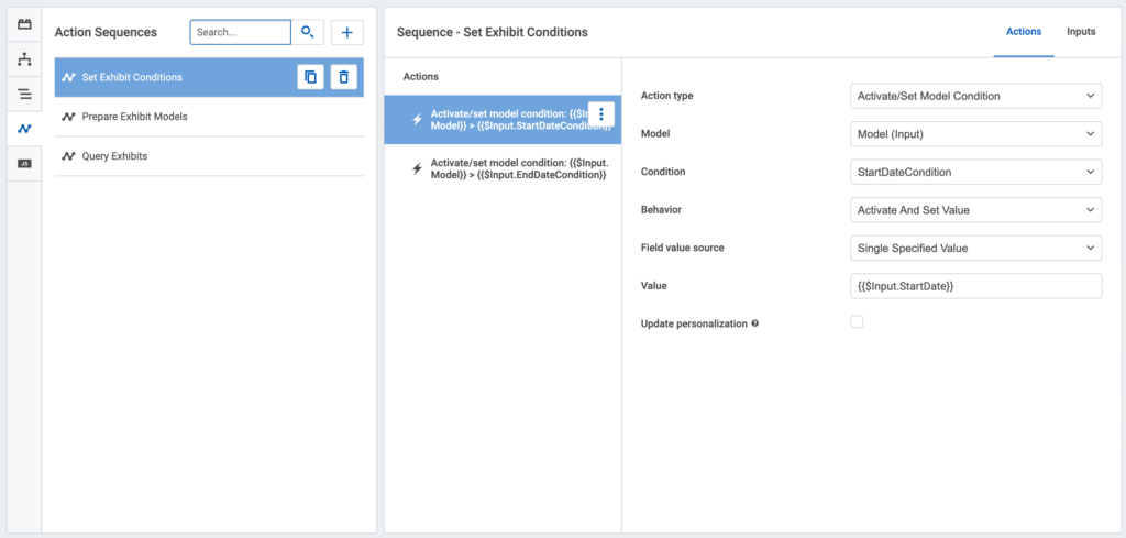 A screenshot showing how to specify actions in Set Exhibit Conditions for StartDate