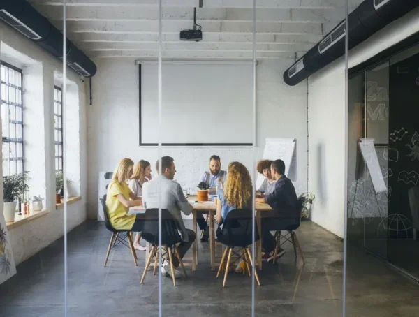 People at a conference table behind glass walls.