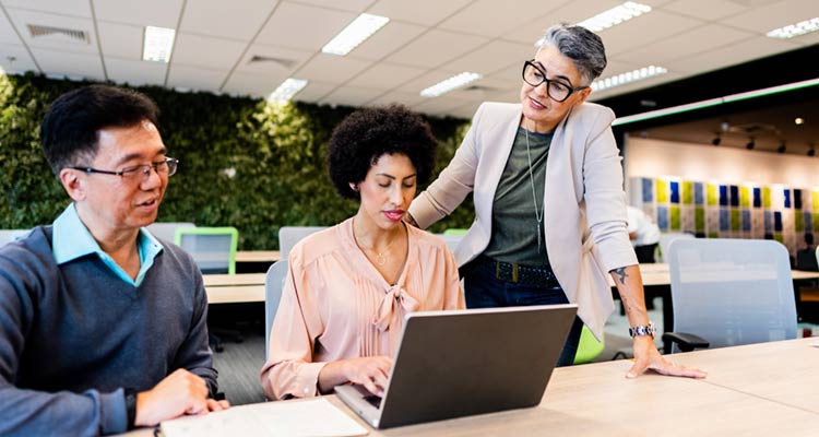 Business people collaborating around a laptop.