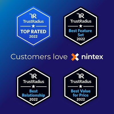 Image: Nintex wins TrustRadius Awards 2022 - Images of awards - Top Rated, Best Feature Set, Best Relationship and Best Value for Price.