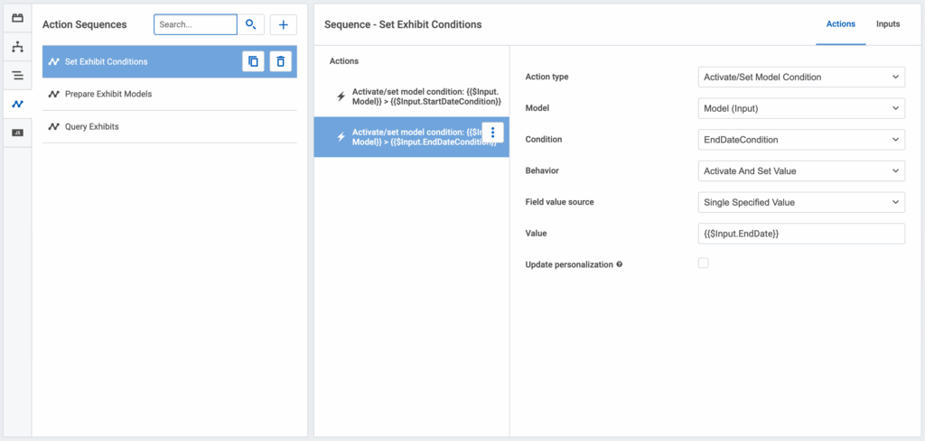 A screenshot showing how to specify actions in Set Exhibit Conditions for StartDate