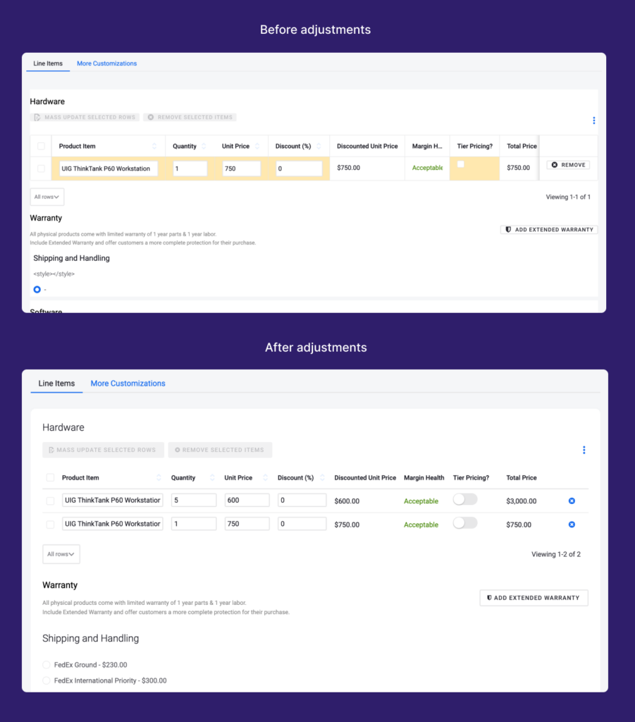 Screenshot of Skuid interface: Before and after adjustments.