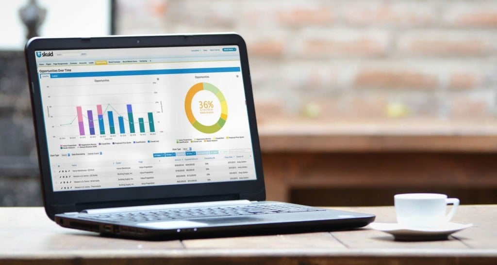 Image: laptop with skuid interface and pie charts displayed... with a cup of coffee.